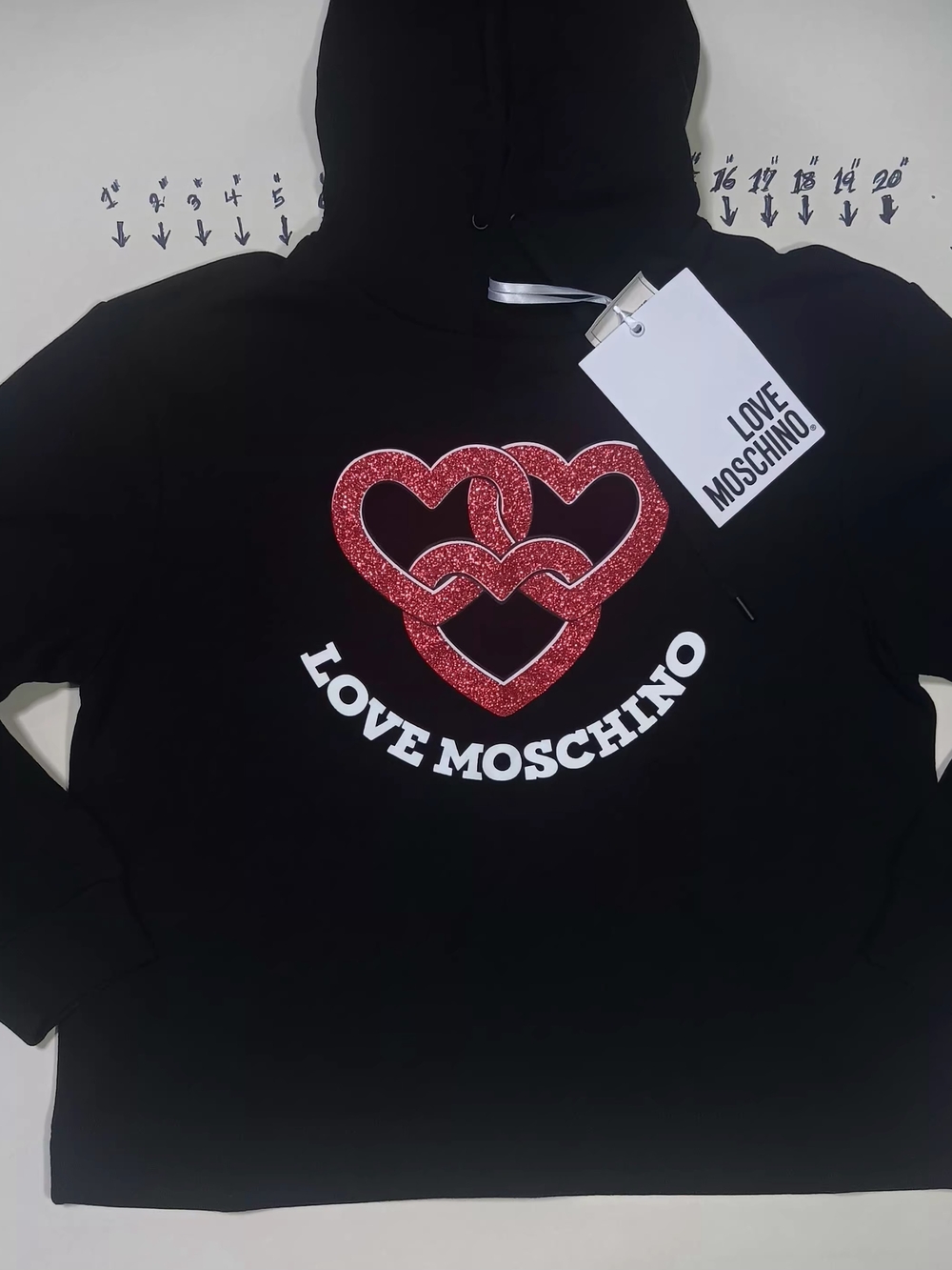 Moschino Kids Black Hoodie with Red Glitter Heart Motif
